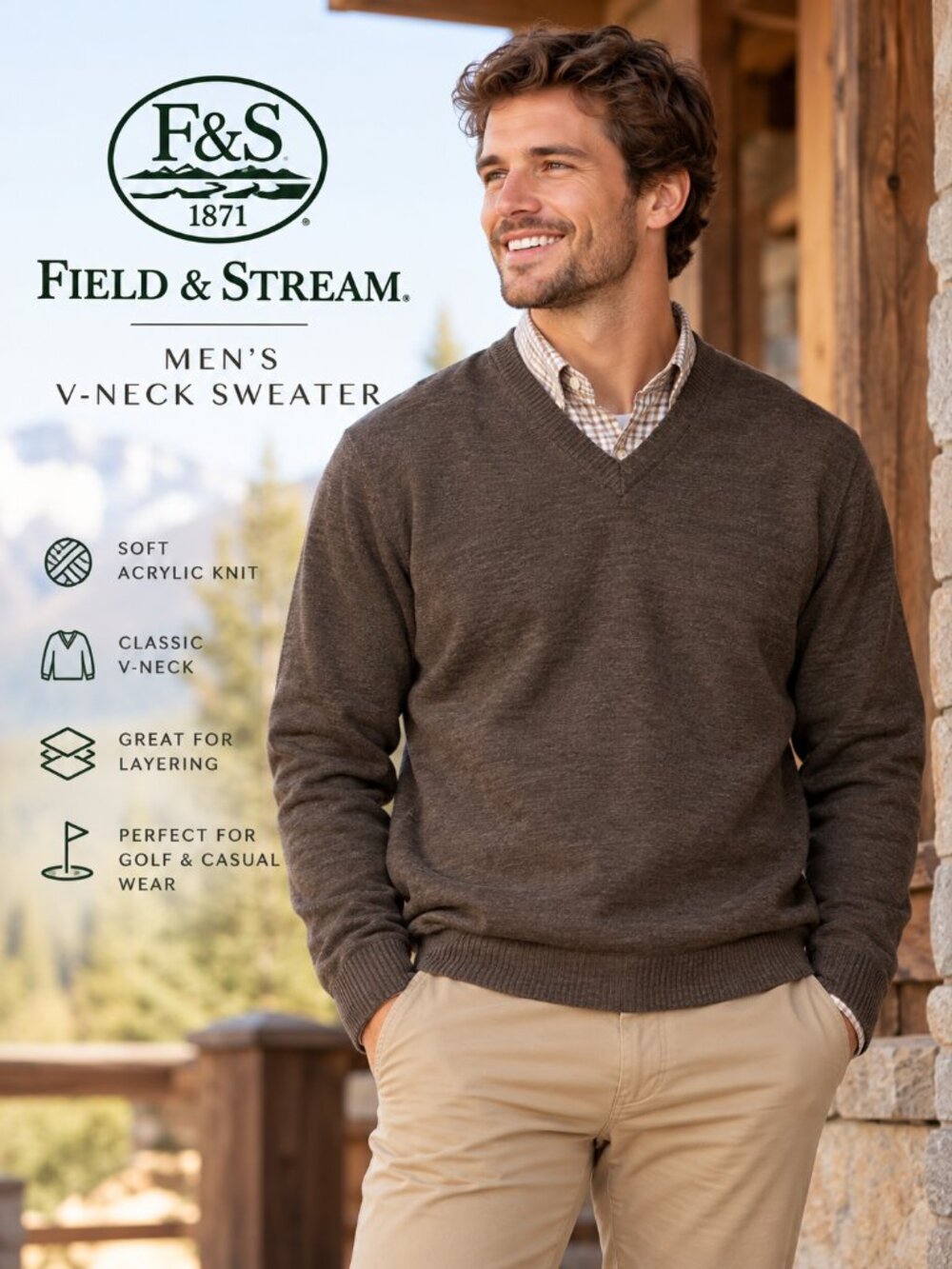 Field & Stream Men's Brown V-Neck Knit Pullover Sweater - Size XL